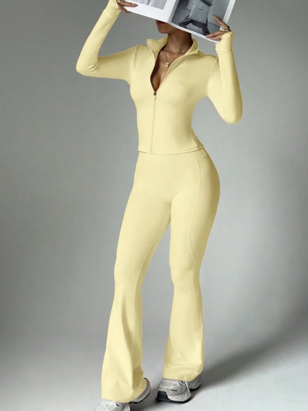 Yellow Slim Women's Zipper Fly Plain Stand Collar Athletic Set